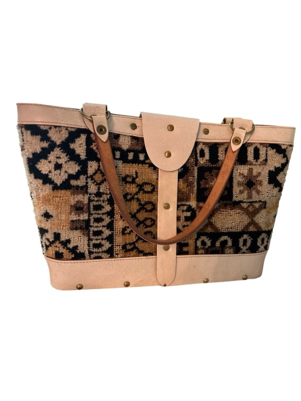 ENID COLLINS vintage structured wood and fabric bag. Earth tone ethnic design